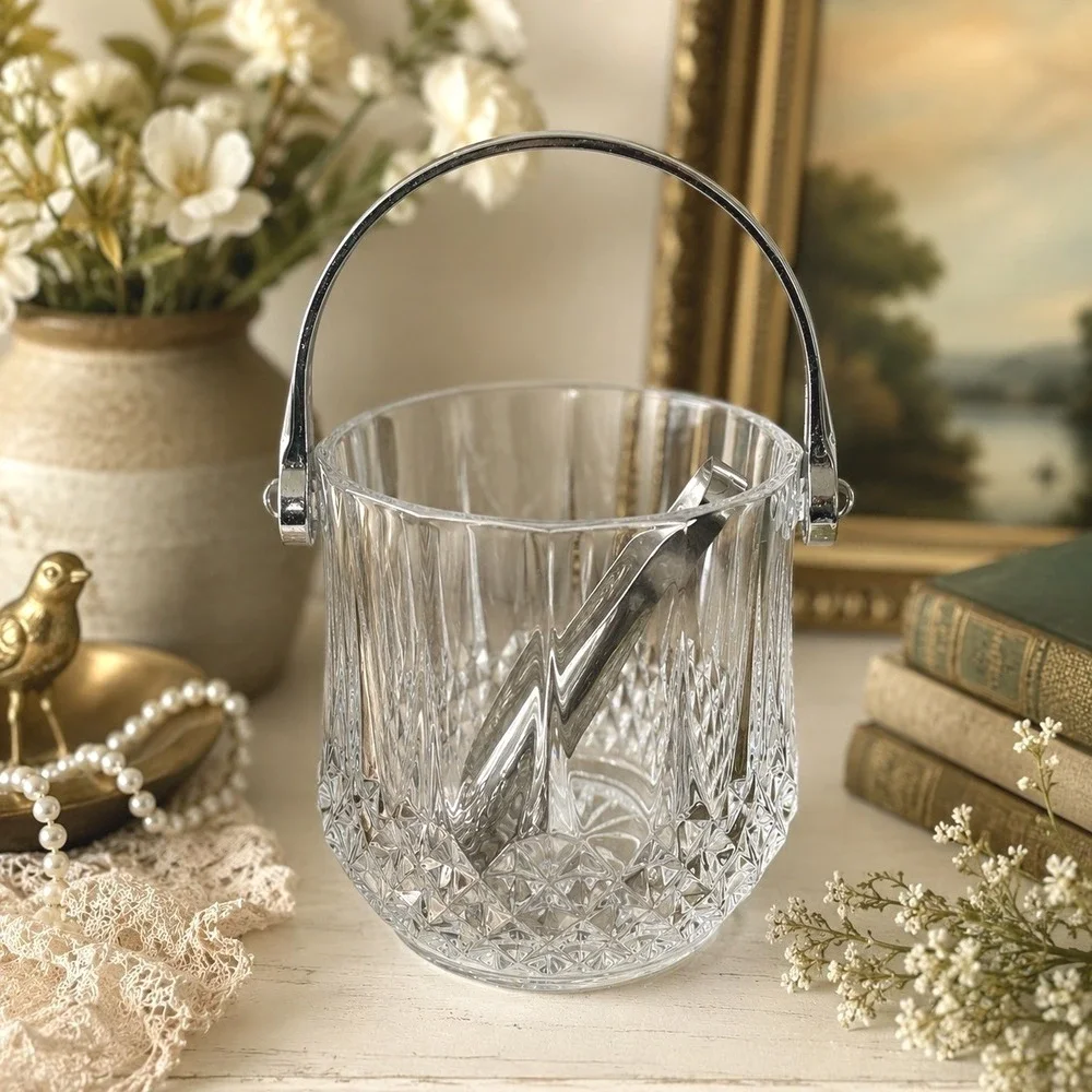 Vintage Cut Crystal Ice Bucket Chrome Handle & Tongs Starburst MCM Barware 5